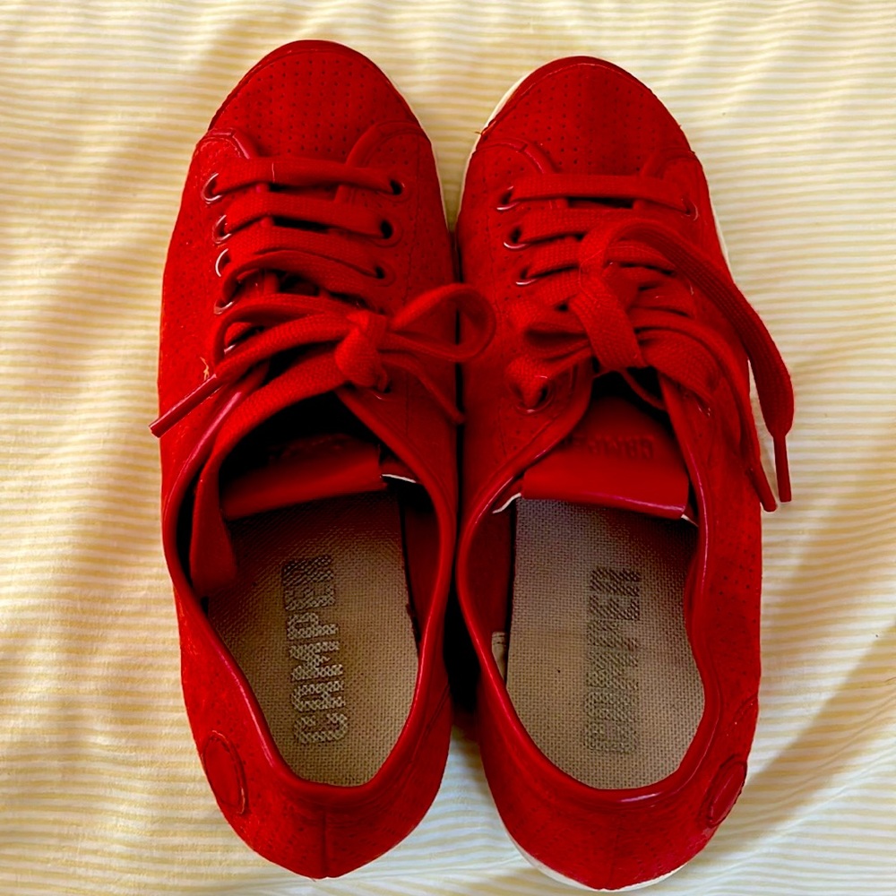 Camper red shoes. Super nice shoes used once. This is a good and branded shoes .
